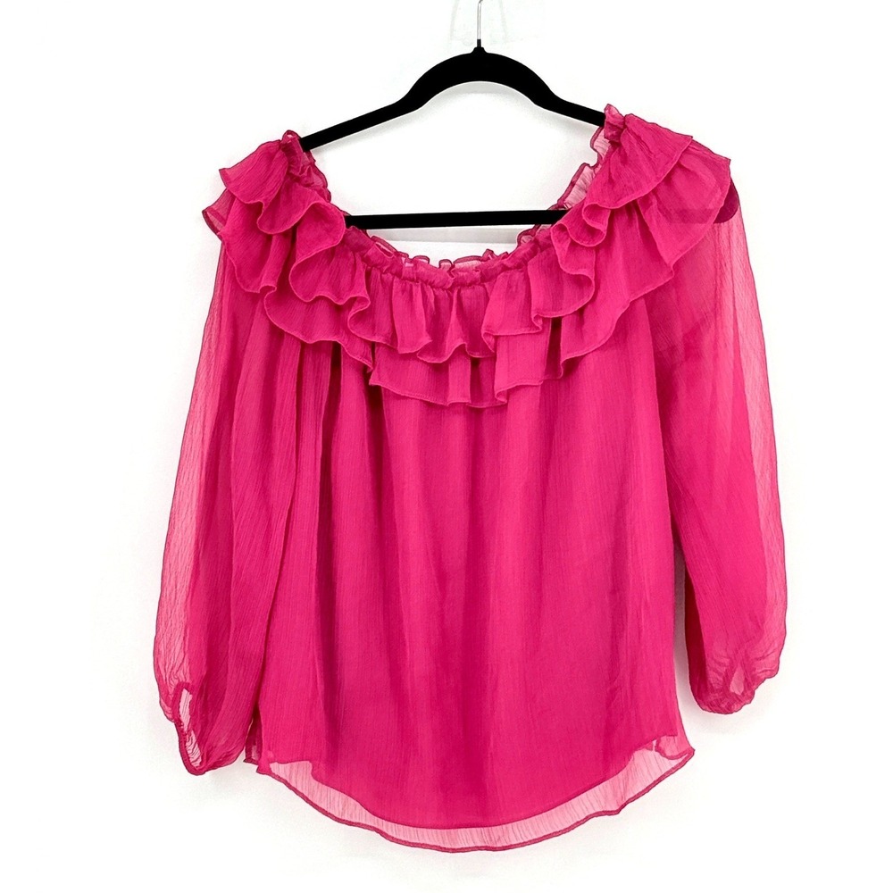 Vince Camuto Resort Fuchsia Pink Ruffle Off the Shoulder Chiffon Top Womens Sz M
